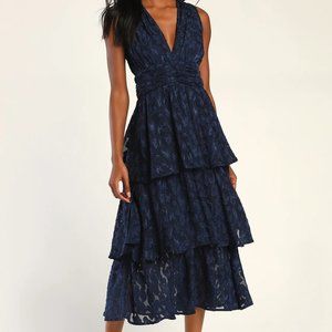 Navy Blue Jacquard Tiered Midi Dress